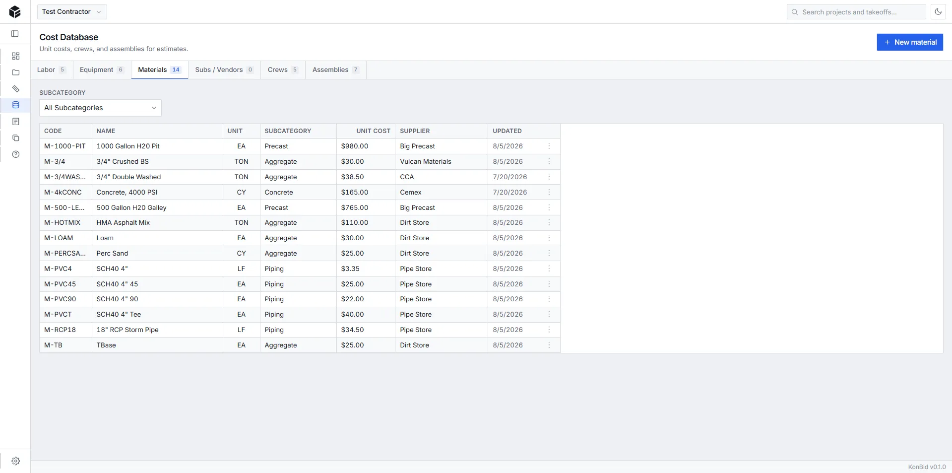KonBid custom cost database workspace